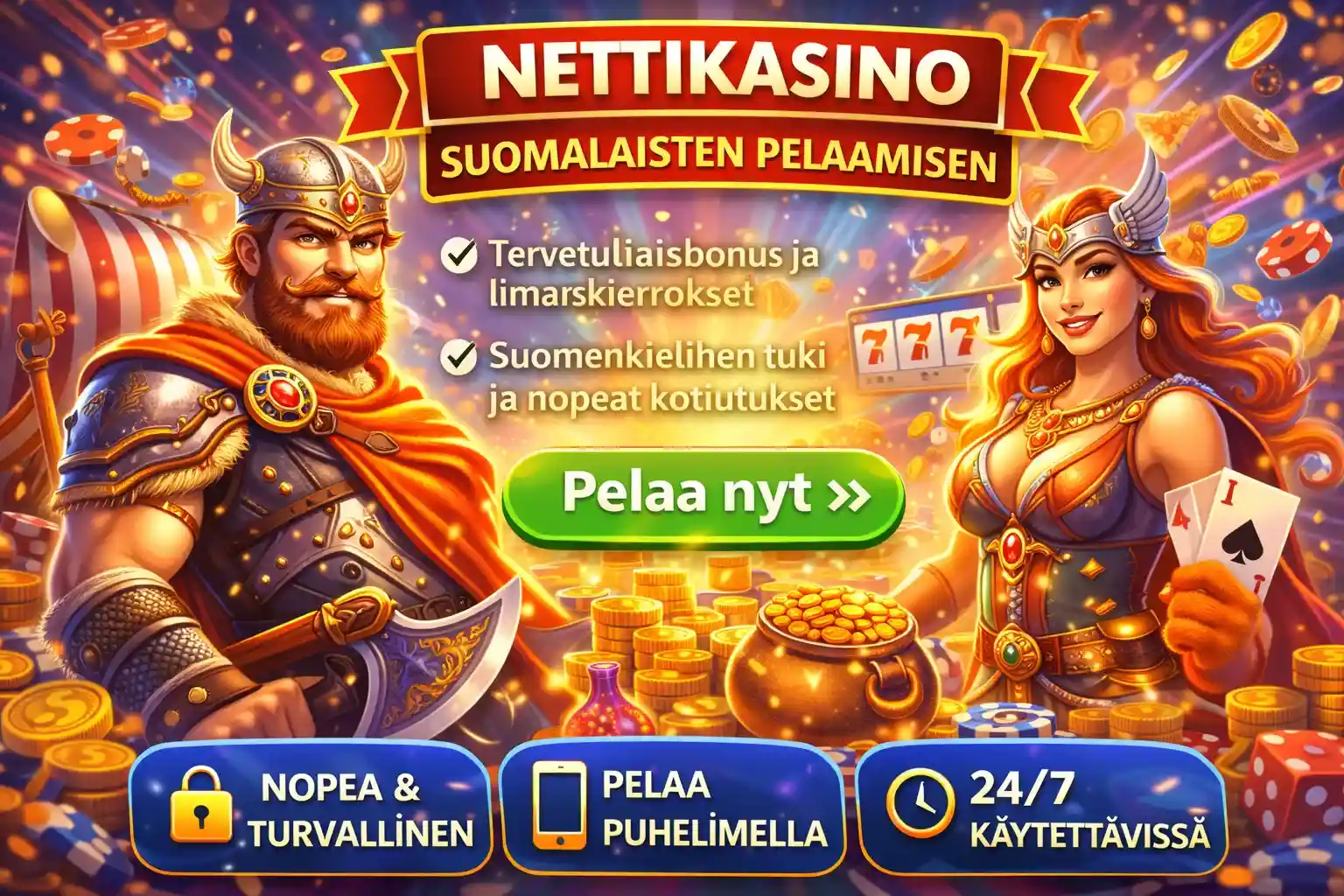 Viikinkiteemainen nettikasino banneri suomalaisille pelaajille bonuksilla ja kolikkopeleillä