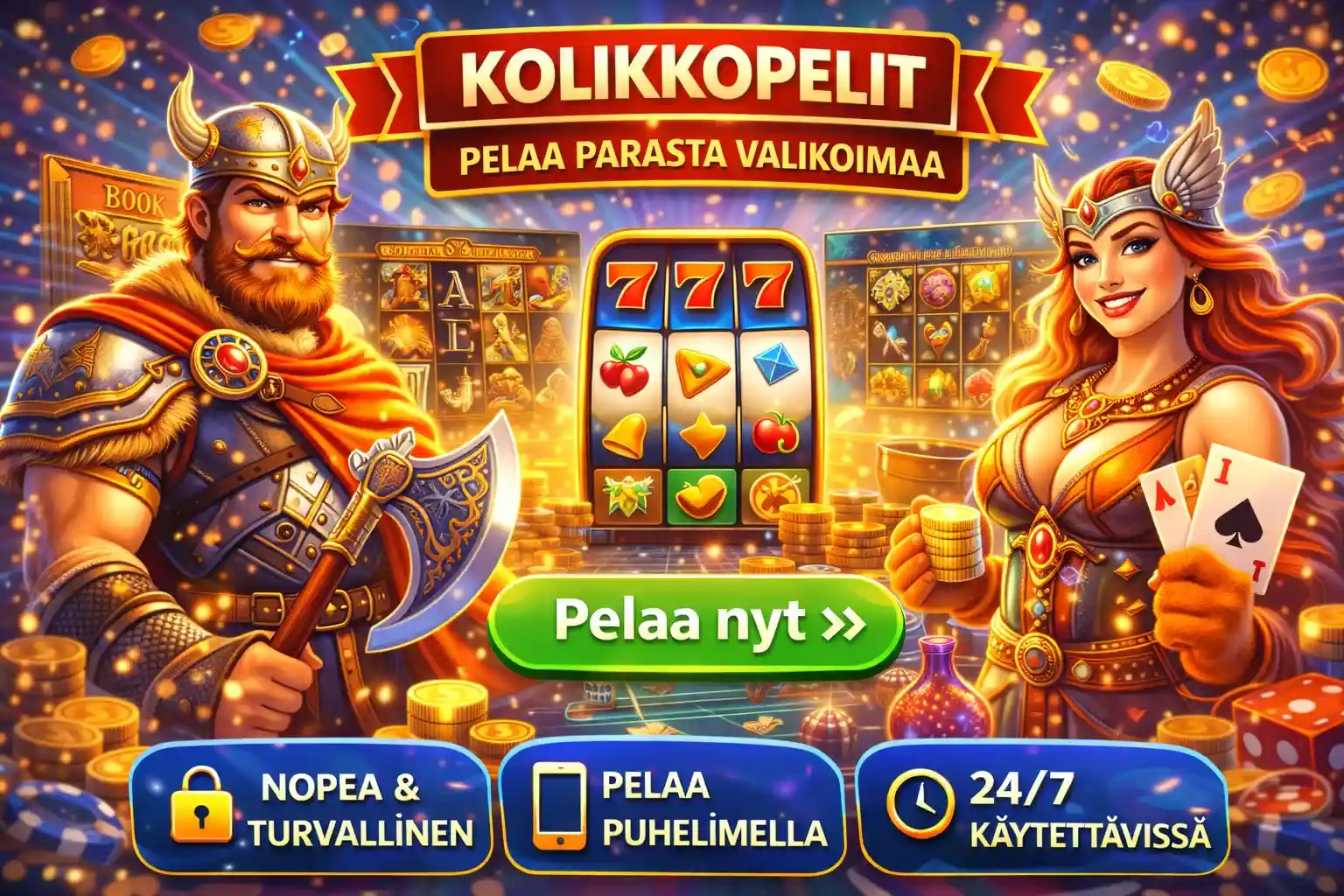Viikinkiteemainen kolikkopelit banneri suurella slot-valikoimalla suomalaisille pelaajille