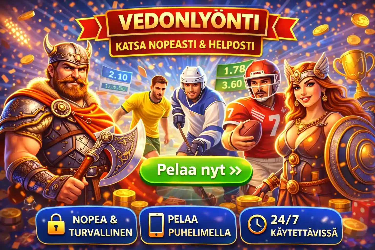Urheiluvedonlyönti banneri suomalaisille pelaajille jalkapallo ja jääkiekko kertoimilla
